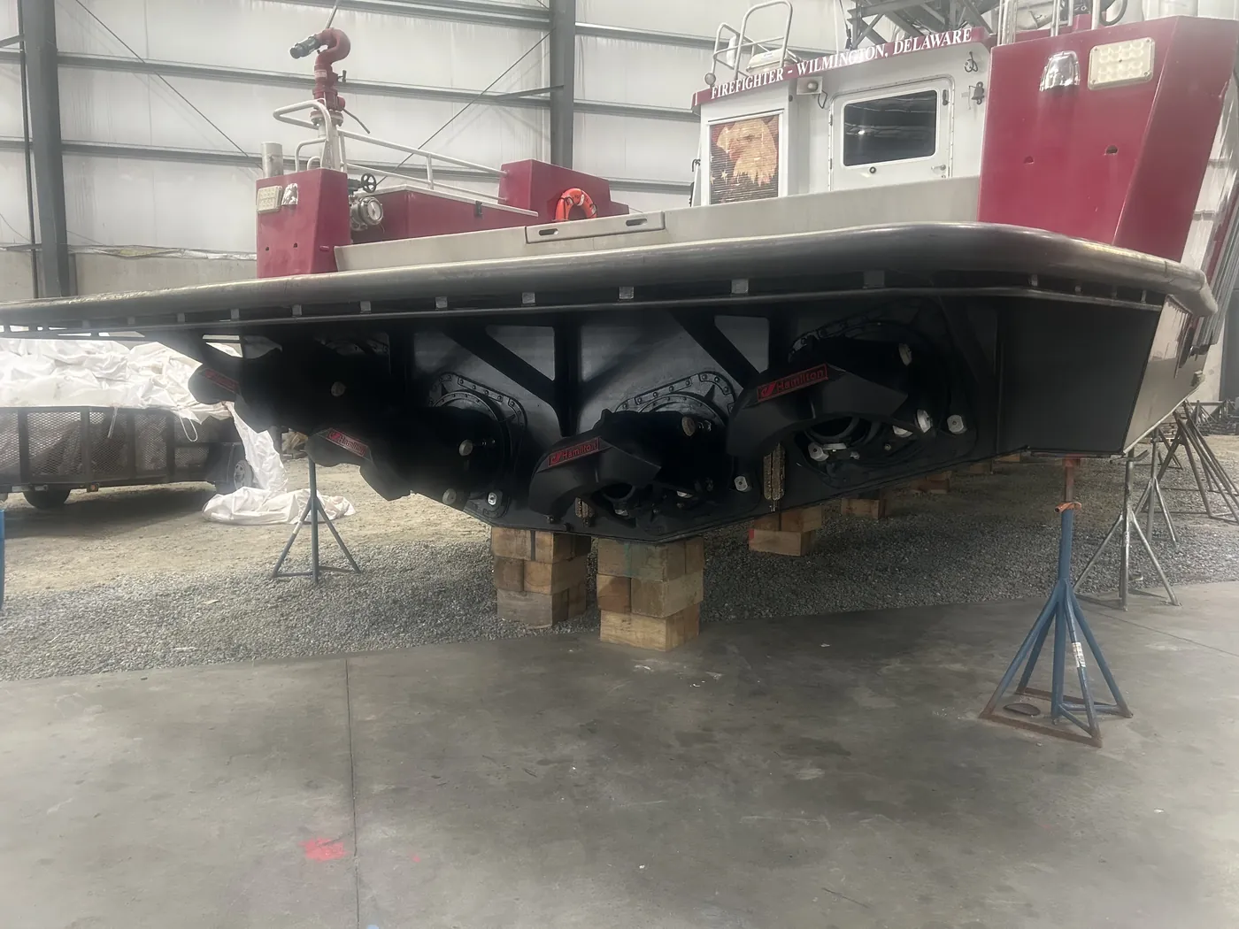 Triple HamiltonJet drives on a fireboat blocked in the shop