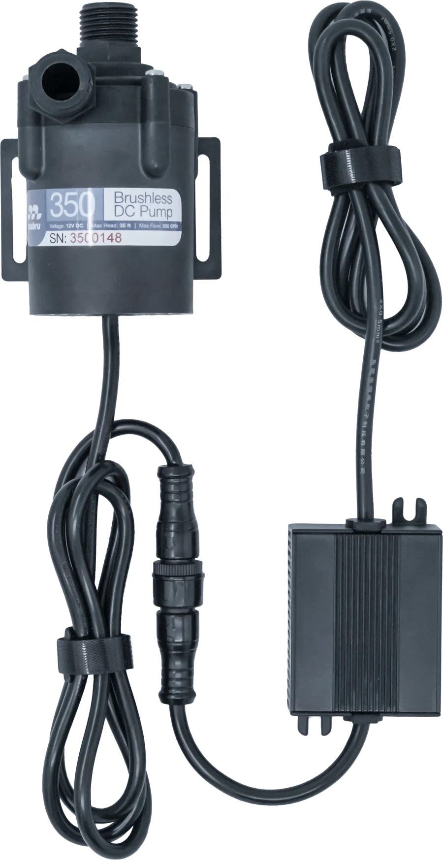 Mabru 350 GPH pump supplied with its lead, connector, and sealed controller