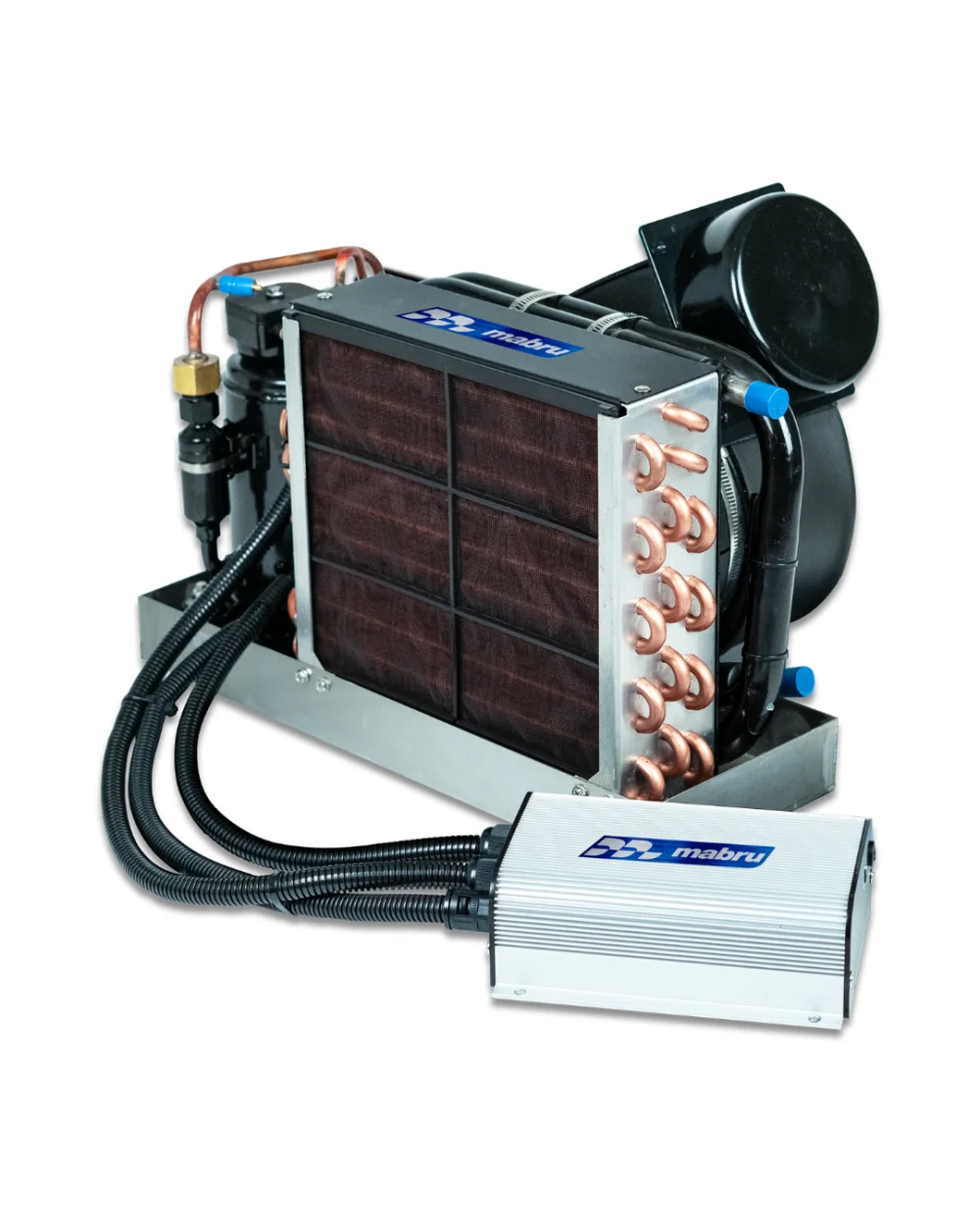 Mabru SC 12000 self-contained 12V DC air conditioning unit with its controller