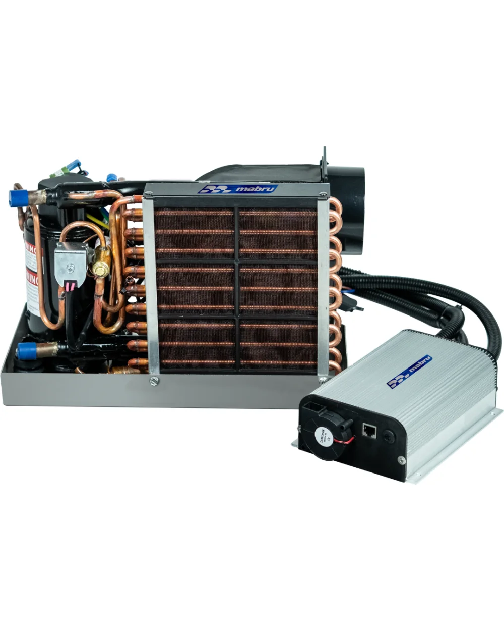 Mabru SC 5000 self-contained 12V DC air conditioning unit with its controller