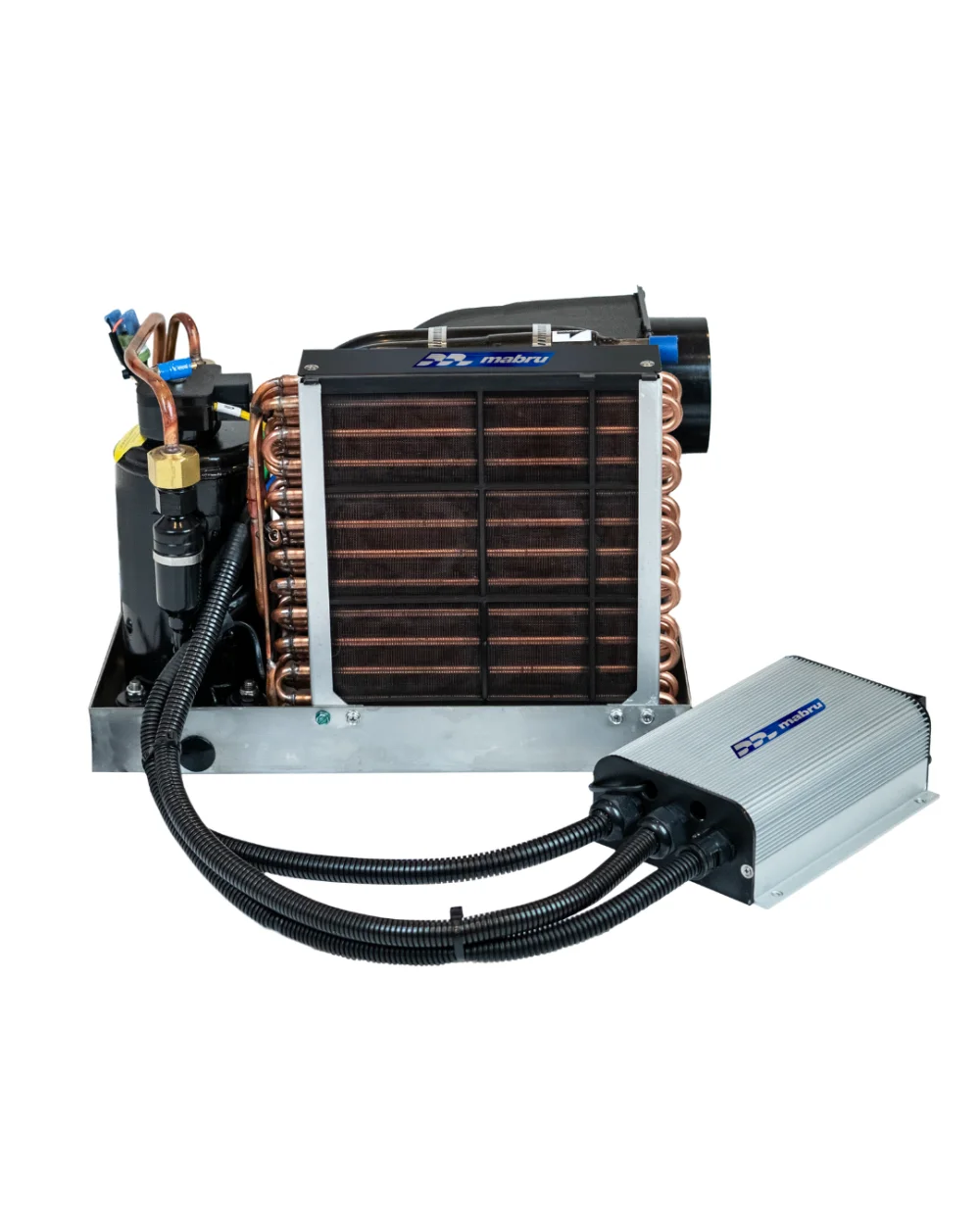 Mabru SC 7000 self-contained 12V DC air conditioning unit with its controller